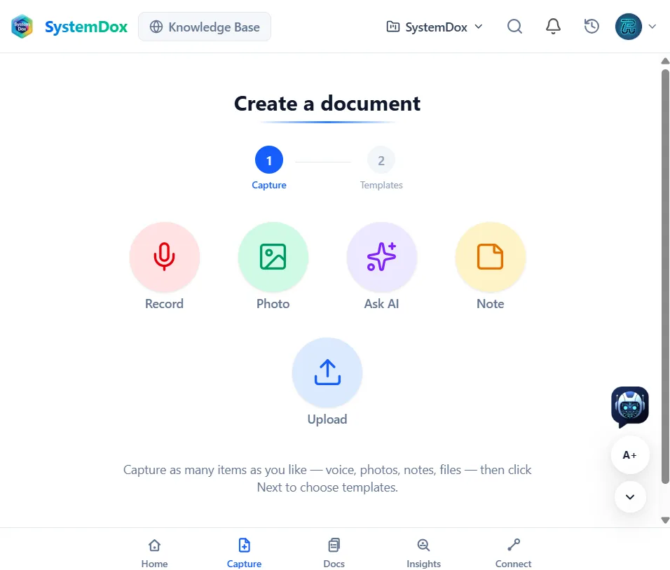 Create a document, step 1: Record, Photo, Ask AI, Note and Upload