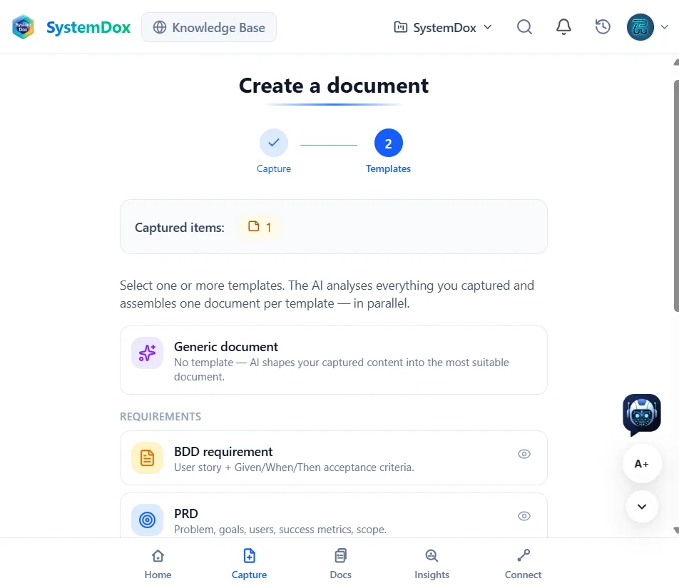 Create a document, step 2: one captured item and the templates — Generic document, BDD requirement, PRD