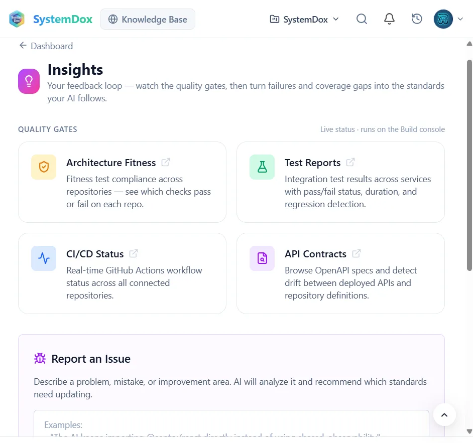 Insights: the quality gates and the Report an Issue box that turns a mistake into a standard