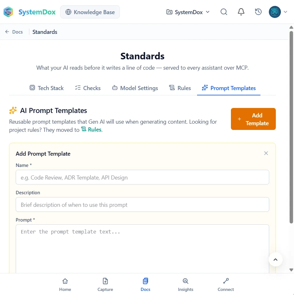 Prompt Templates: adding a reusable template with a name, description and prompt