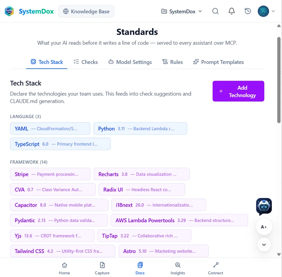 Tech Stack: three languages and fourteen frameworks declared with versions
